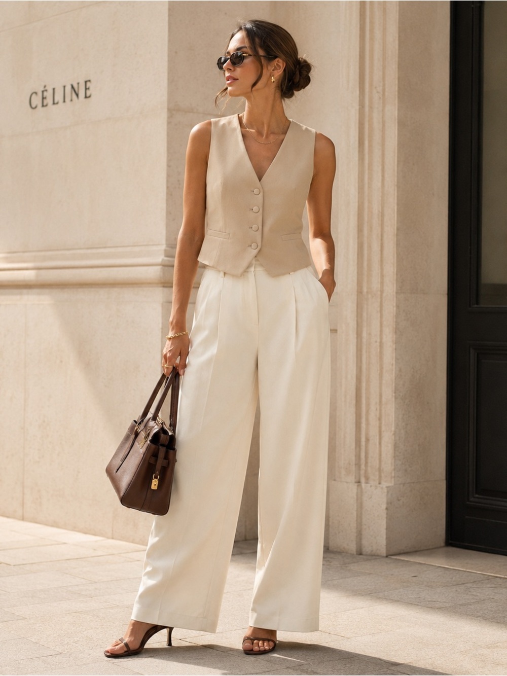 Bardot Tailored Waistcoat Vest NWT Beige Quiet Luxury Old Money Size L